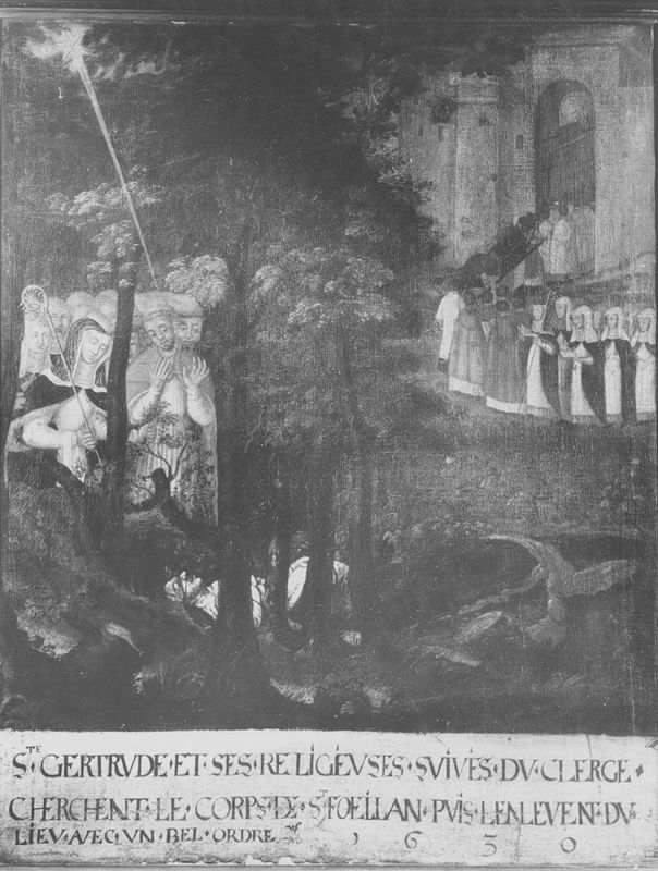 Légende de sainte Gertrude : sainte Gertrude et ses compagnes cherchent le corps de saint Feuillien