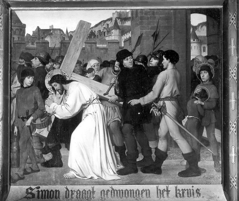 Simon van Cyrene helpt Jezus' kruis dragen
