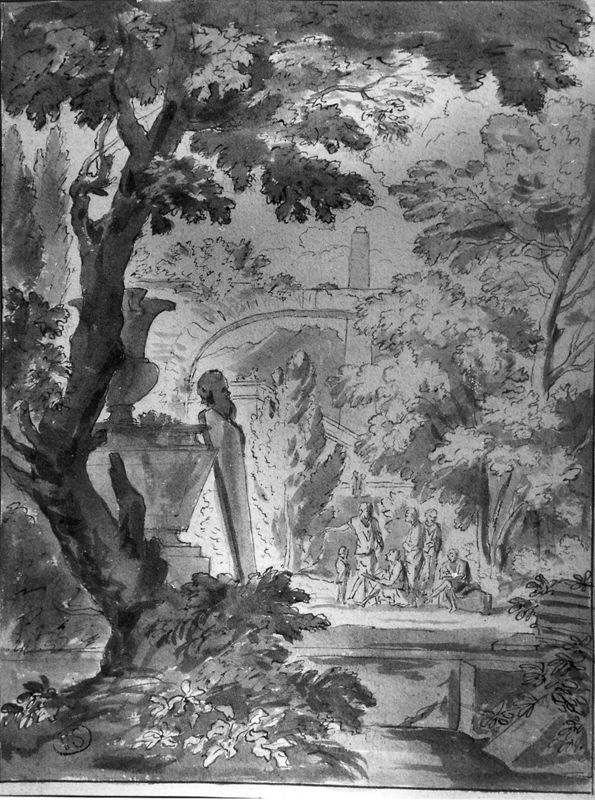 Landschap met figuren, waaronder een tekenaar