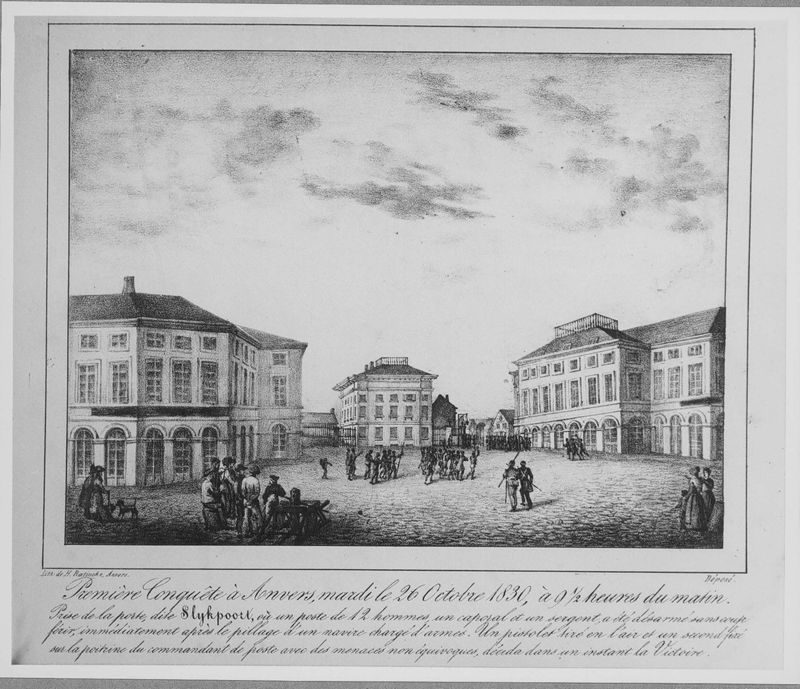Inname van Antwerpen door Belgische revolutionairen op 26 oktober 1830 - Zicht op de Rode poort (Slijkpoort)