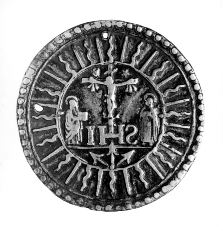 Bedevaartspenning van H.Isidorus - H.Theresia en Christus aan het kruis