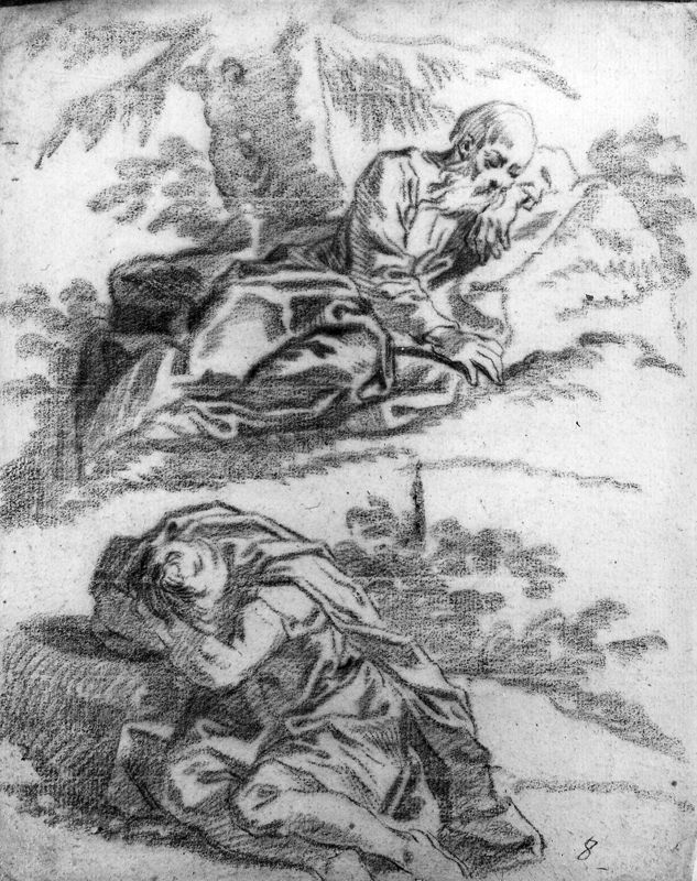 Twee liggende figuren in een landschap