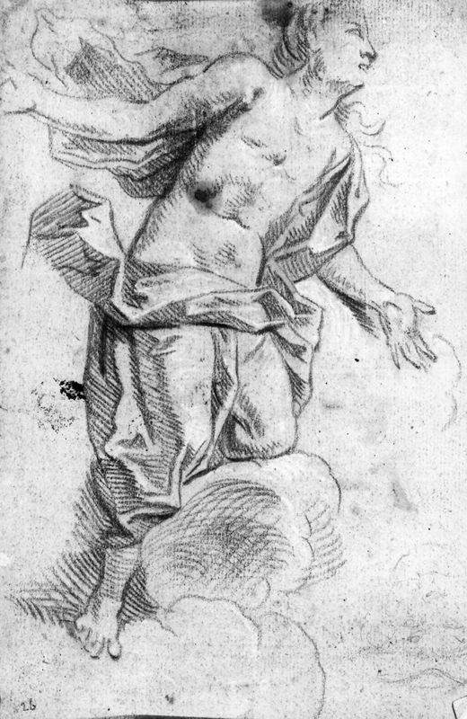 Figuurstudie: gedrapeerde jonge man in de wolken
