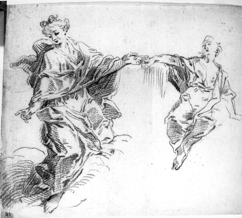 Figuurstudie: Twee vrouwen met gestrekte arm