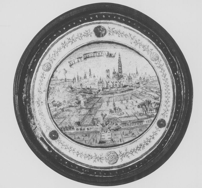 Gezicht op Antwerpen en Beer met opschrift
