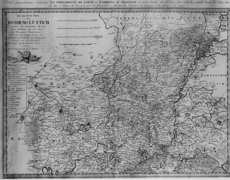 Carte géographique de la Principauté de Liège et de l'abbaye de Stavelot en deux feuilles, dressées avec soin selon la carte des Pays-Bas de Mr le comte de Ferraris par L.F. Güssefeld  et publiée par les hétitiers de Homann à Nuremberg l'an 1790
