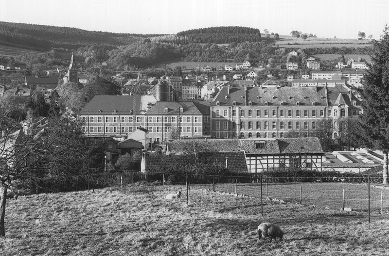 Vue de Stavelot vers l'abbaye à partir du rue de la cité Belle-Vue