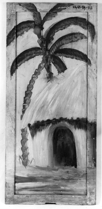 Marionttentheaterdecor - muur - hut met palmboom : zijscherm