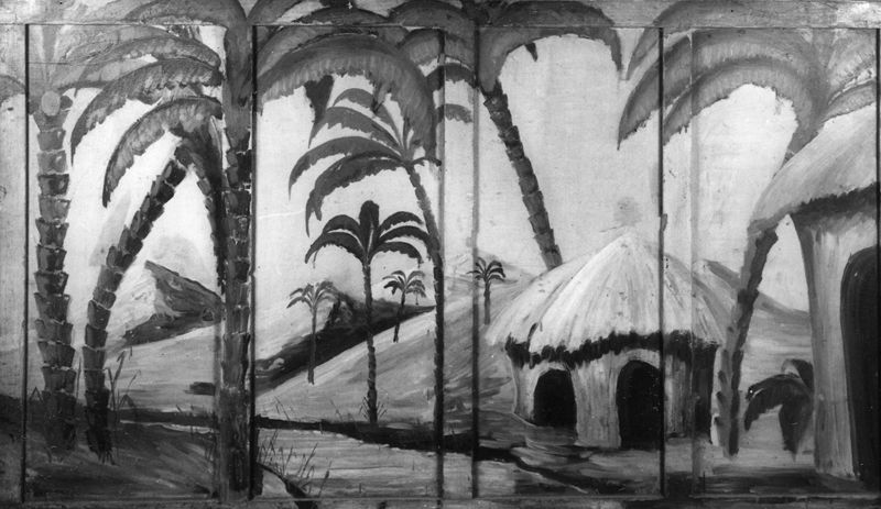 Marionettentheaterdecor : Ingang burcht -Tropisch landschap, achterscherm