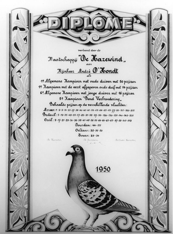 Erediploma van duivenmaatschappij "De Hazewind"