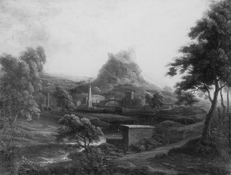 Paysage avec à l'arrière-plan : montagne, pont et fabrique
Paysage avec rivière et obélisque