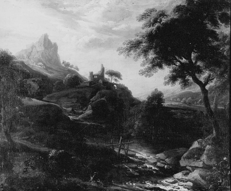 Paysage montagneux avec à l'avant-plan un personnage assis vu de dos