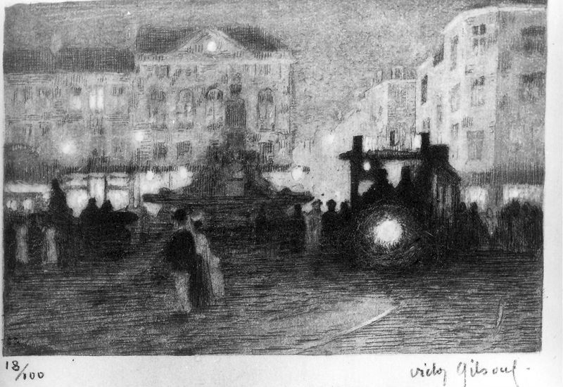 Vue de ville la nuit (place avec fontaine et tram)
