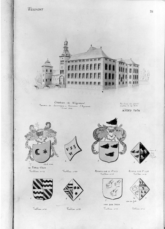 Recueil de planches illustrées d'armoiries, plans d'édifices religieux et civils