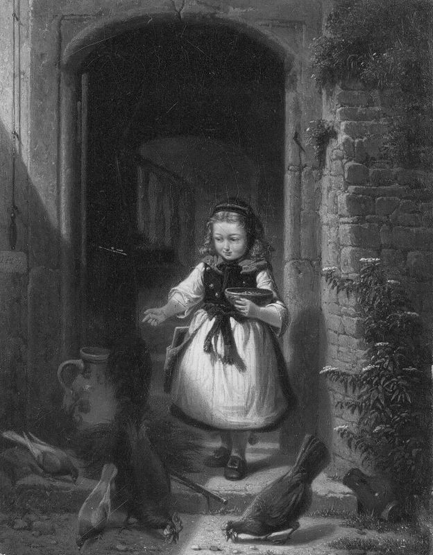 Petite fille donnant à manger à des volailles