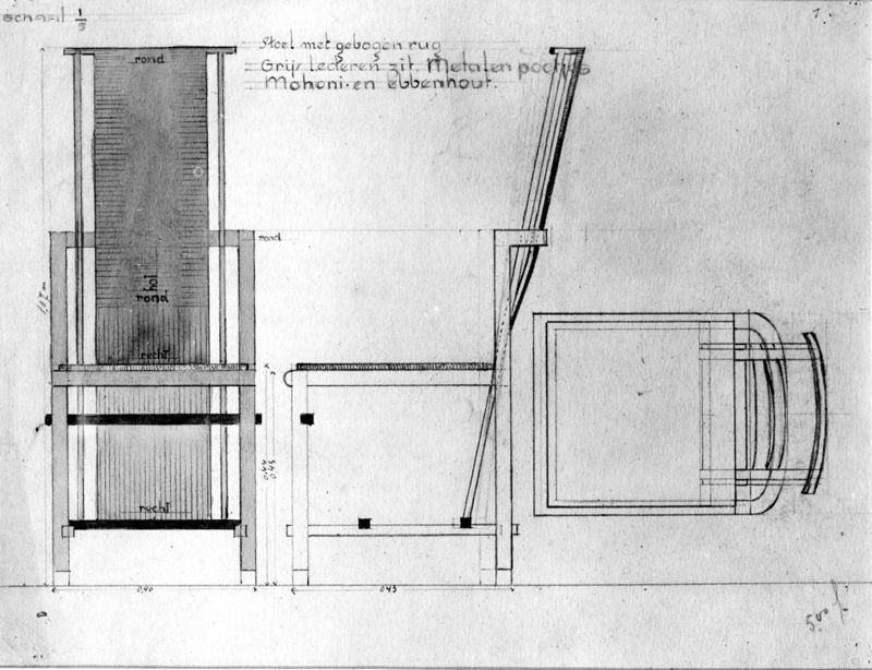 Projet pour une chaise avec dossier penché et assise en cuir gris