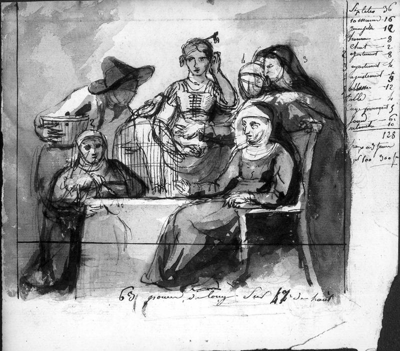 Groupe de personnages autour d'une table, perroquet sur sa cage