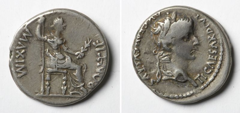Munt van keizer Tiberius met Pax of Livia Drusilla, moeder van Tiberius en echtgenote van keizer Augustus