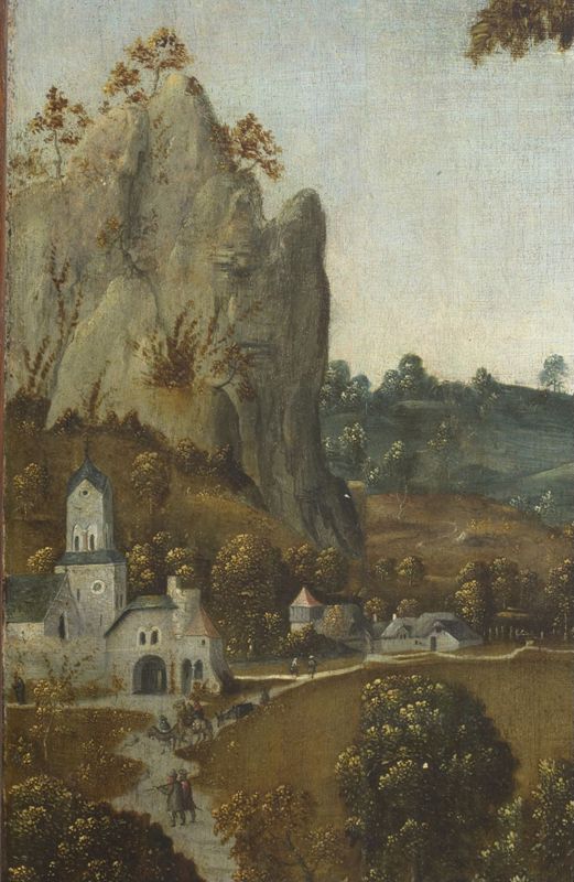 Heuvelachtig landschap met H. Hieronymus, lezende en boete doende