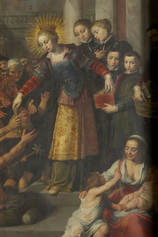 De heilige Elisabeth van Hongarije deelt haar schatten uit