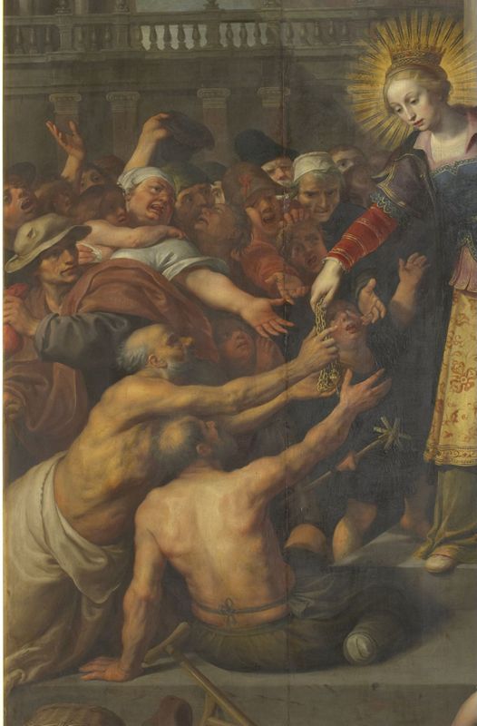 De heilige Elisabeth van Hongarije deelt haar schatten uit