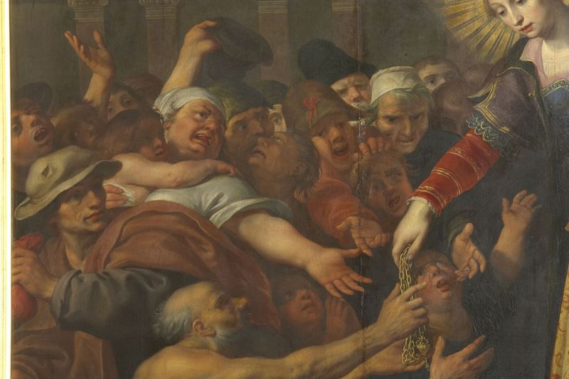 De heilige Elisabeth van Hongarije deelt haar schatten uit