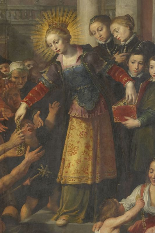 De heilige Elisabeth van Hongarije deelt haar schatten uit