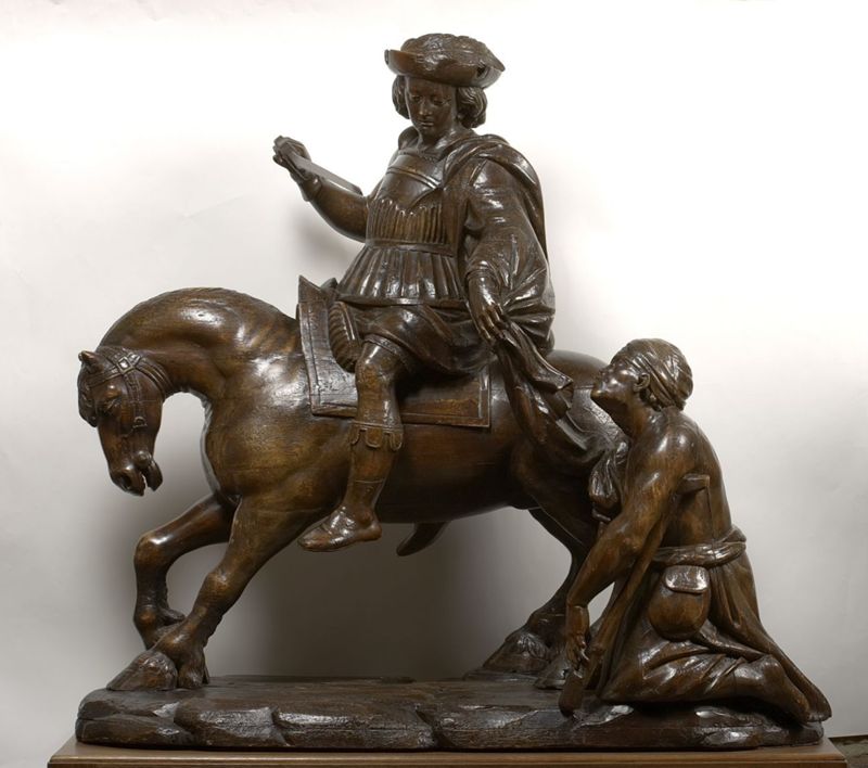 De Heilige Martinus te paard deelt zijn mantel met een arme
