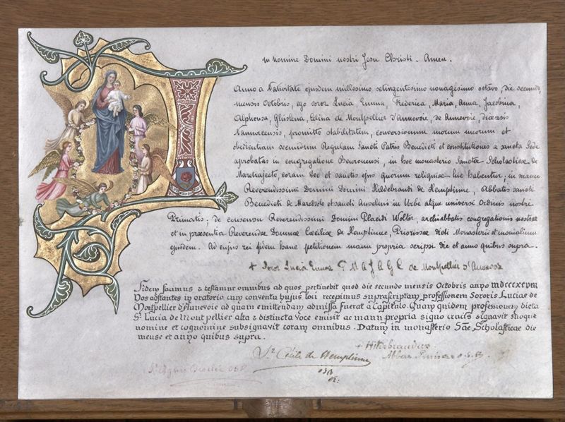 Charte de profession monastique de moniales de Maredret : Lucie de Montpellier d'Annevoie