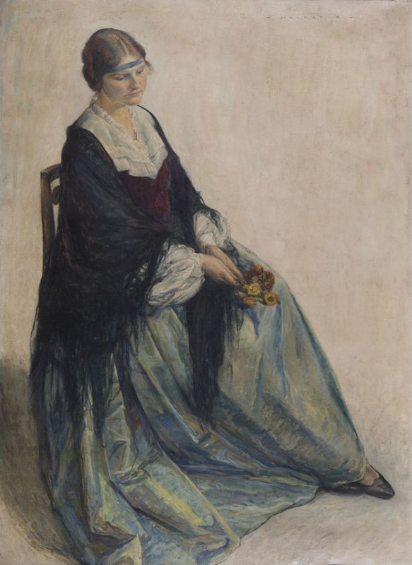 Femme assise avec bouquet d'anémone