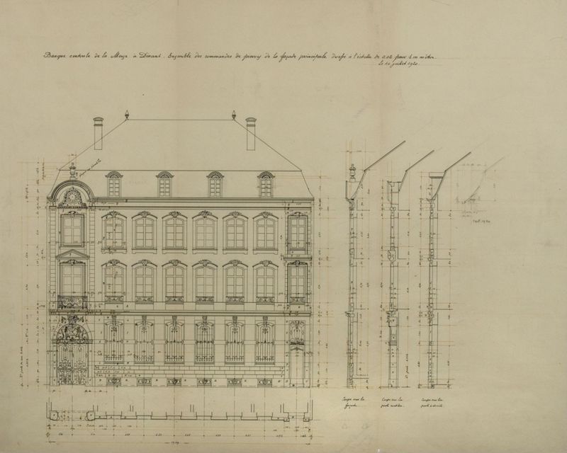 Banque centrale de la Meuse à Dinant : ensemble des commandes de pierre de la façade principale