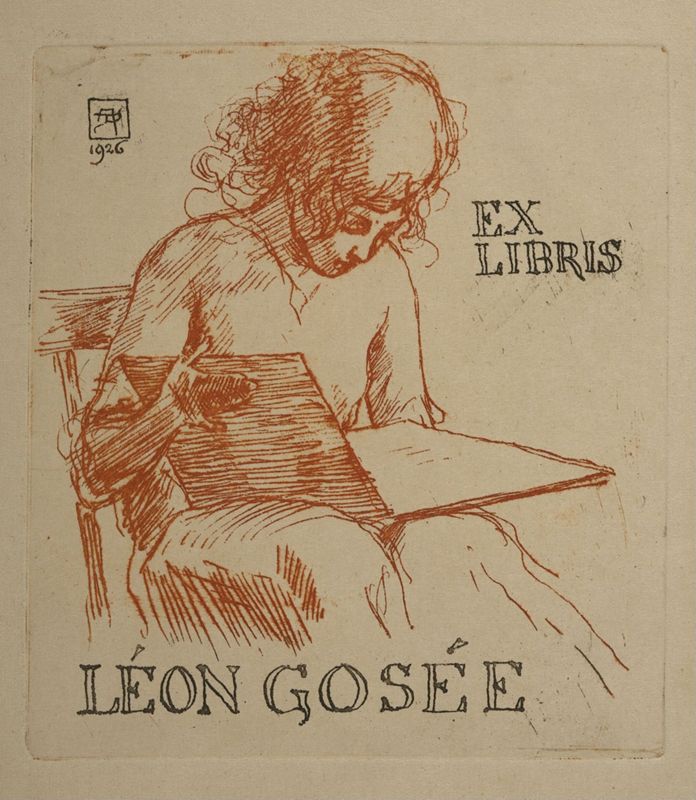 Ex-libris pour Léon Gosée "jeune fille avec un livre"