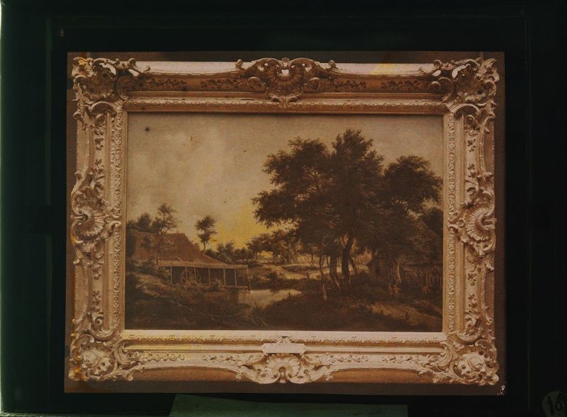 Reproduction du tableau : De watermolen, par Meindert Hobbéma (Bruxelles, MRBAB)