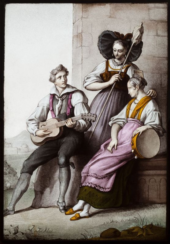 Jeune femme au tambourin et sa compagne tenant une quenouille et écoutant un jeune homme jouer de la guitare