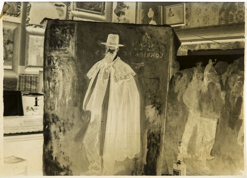 Les tableaux "Promenade du dimanche au bois de Boulogne" (D.D.C. 1994 n° 314) et "L'Espagnol à Paris" (D.D.C. 1994 n° 309) en cours d'exécution dans l'atelier d'Henri Evenepoel (devant le piano), 21bis avenue de La Motte-Picquet, à Paris
