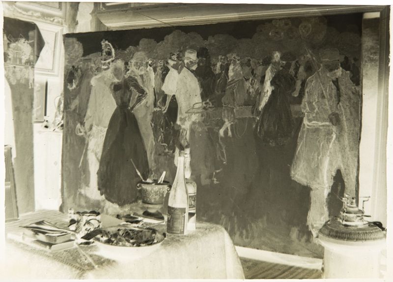 "Promenade du dimanche au Bois de Boulogne" (D.D.C. 1994 n° 314) en cours d'exécution dans l'atelier d'Henri Evenepoel,  21bis avenue de La Motte-Picquet à Paris