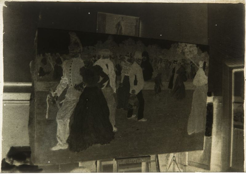"Promenade du dimanche au Bois de Boulogne" (D.D.C. 1994 n° 314) sur le chevalet dans l'atelier d'Henri Evenepoel,  21bis avenue de La Motte-Picquet à Paris