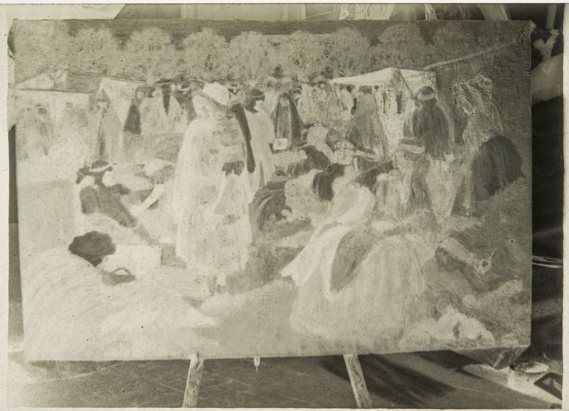 "Le marché arabe de Blida" (D.D.C. 1994 n° 267) sur le chevalet dans l'atelier d'Henri Evenepoel à Blida