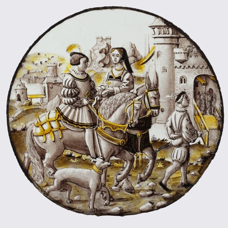 Prince à cheval et dame sur une mule, précédés d'un page se dirigeant vers un château