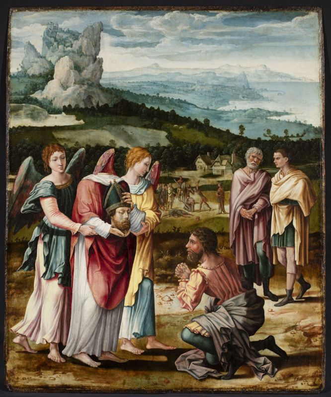 Panneau du retable de l'église de Saint-Denis à Liège. Face : Saint Denis l'Aréopagite rencontre saint Paul. Revers : Le miracle de la céphalophorie