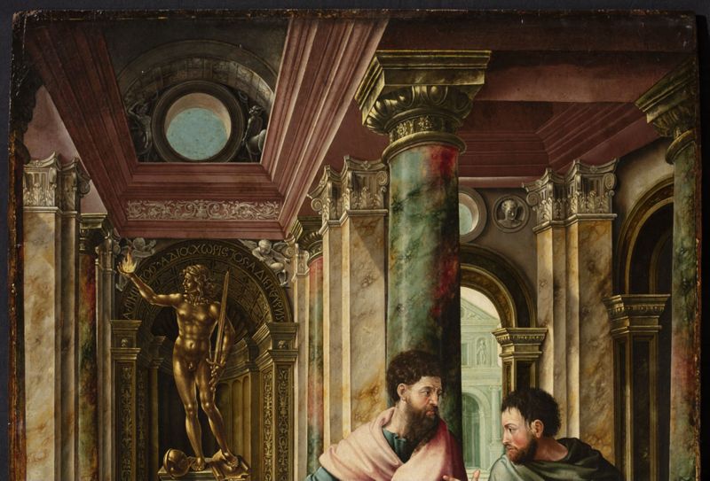 Panneau du retable de l'église de Saint-Denis à Liège. Face : Saint Denis l'Aréopagite rencontre saint Paul. Revers : Le miracle de la céphalophorie