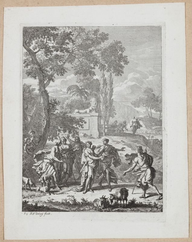 Le Pastor Fido : Amaryllis, les yeux bandés, participe au jeu de l'aveugle sous les regards des nymphes et de Mirtil (Acte III, scène 2)