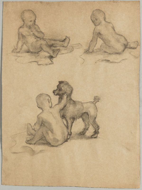 Trois croquis : enfant nu jouant avec un caniche