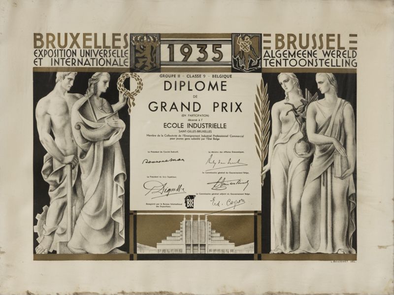 Diplôme de Grand Prix (en participation) décerné à l'Ecole industrielle Saint-Gilles-Bruxelles pour l'exposition unviverselle de Bruxelles (1935)