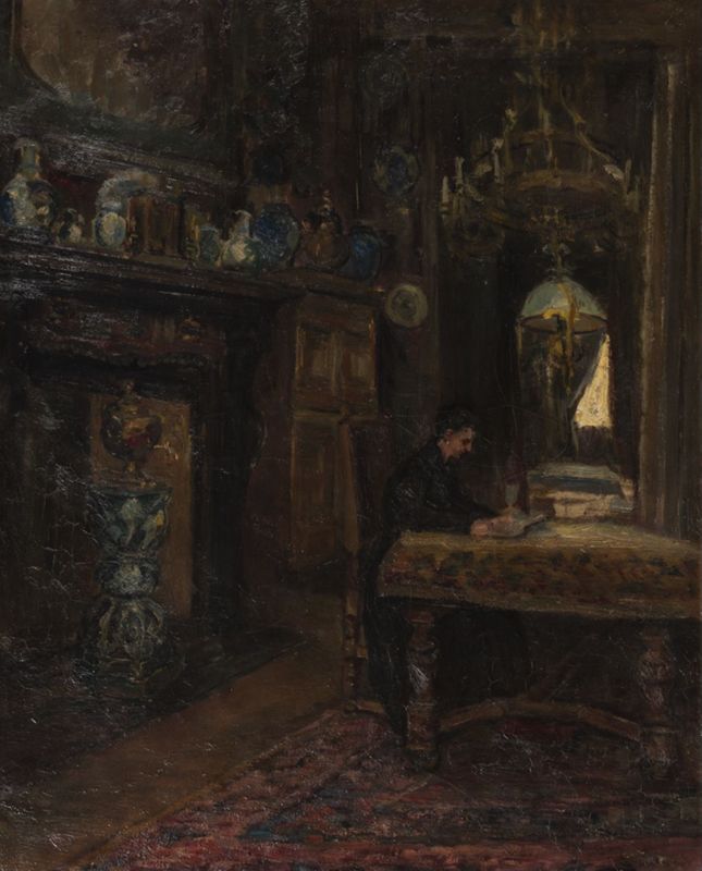 Femme mangeant dans la salle à manger du Musée Speekaert