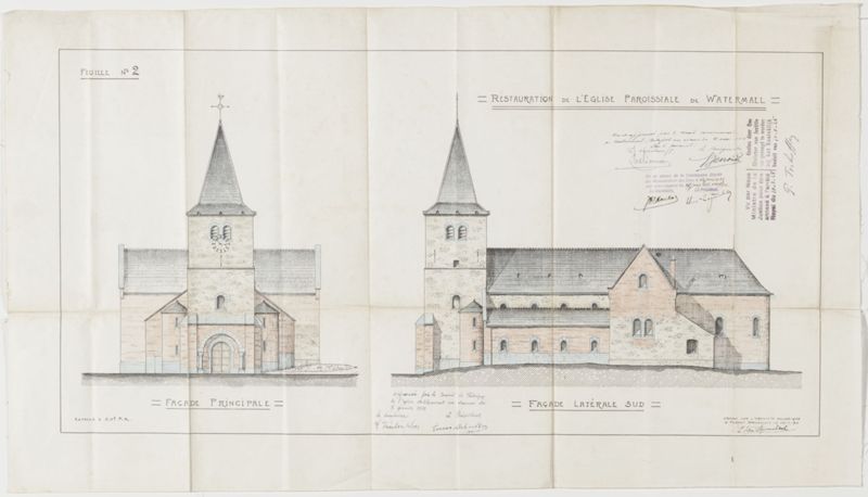 Plan de l’église Saint-Clément de Watermael-Boitsfort : élévation des façades principale et latérale sud indiquant les restaurations (feuille n° 2)