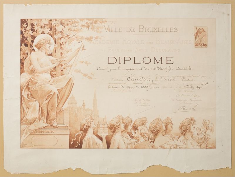 Diplôme décerné à Paul Cauchie en 1899 par l’Académie Royale des Beaux-Arts et l'Ecole des Arts Décoratifs de Bruxelles