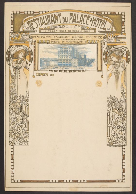 Menu du restaurant du Palace Hôtel à Bruxelles