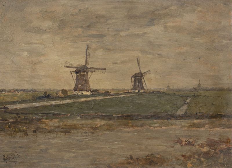 Paysage de rivière avec moulins à vent