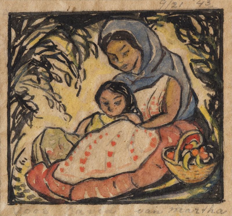 Mère et enfant au panier de fruits